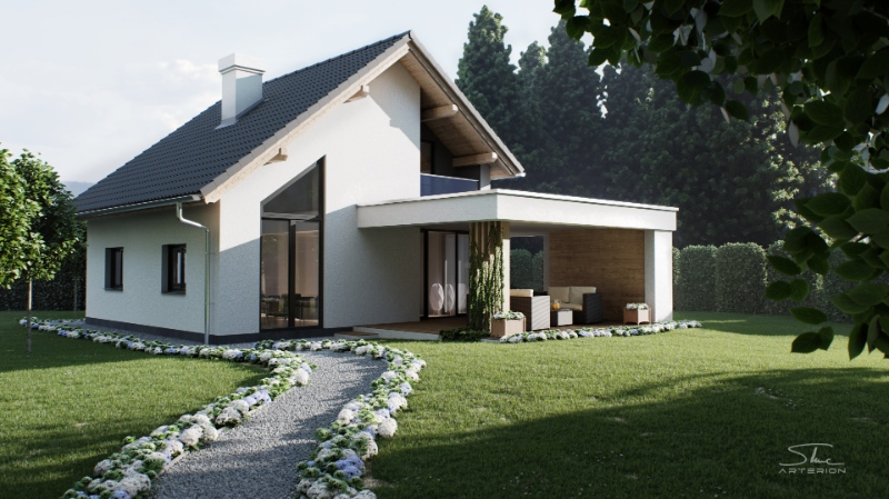 Family house exterior 3D visualization.
